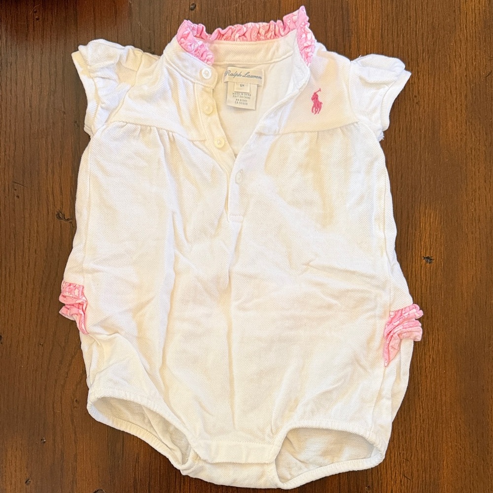Ralph Lauren White Baby Polo Romper bubble onesie with Pink Trim